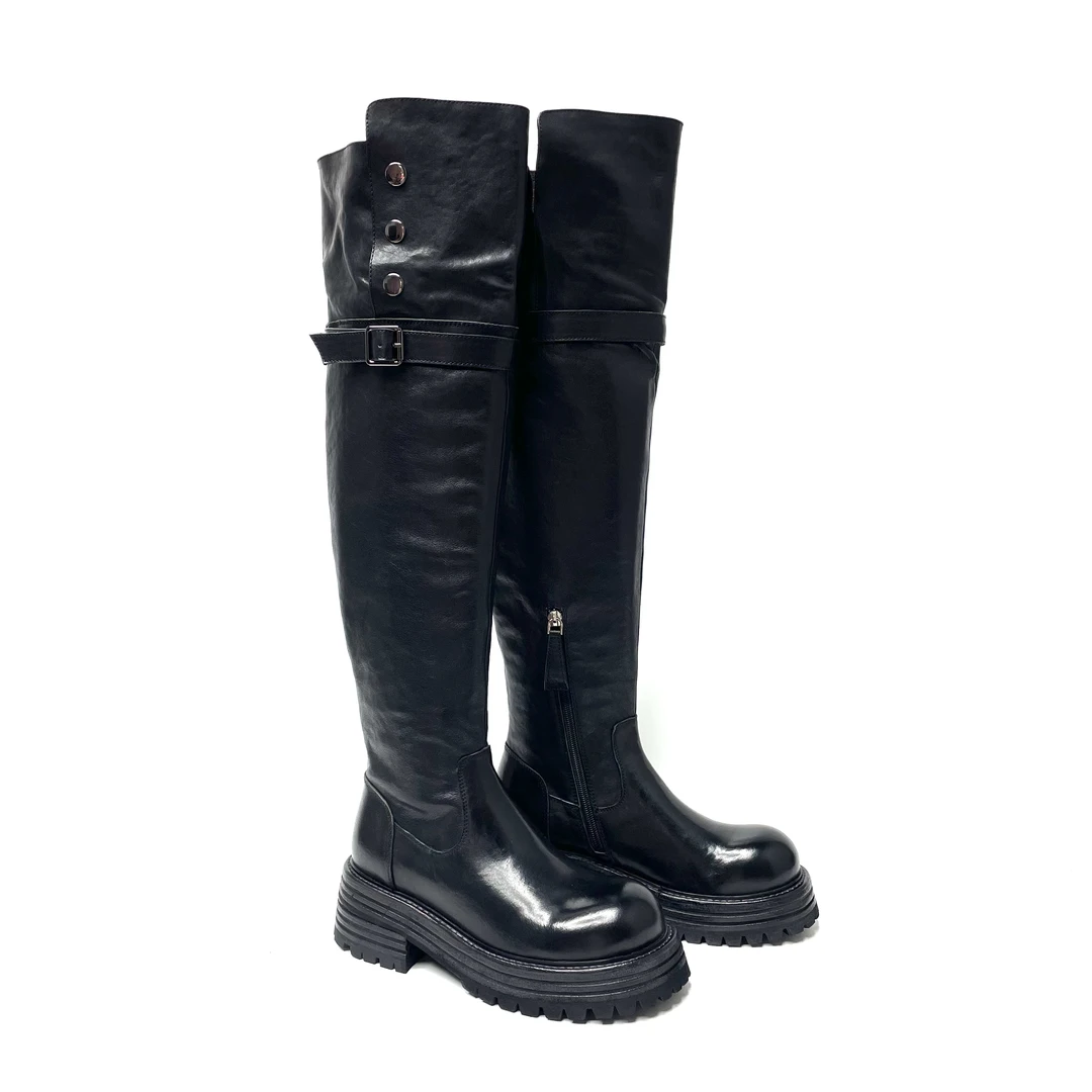 新款水洗马皮厚底过膝靴百搭时尚真皮大底做旧长筒靴150-9