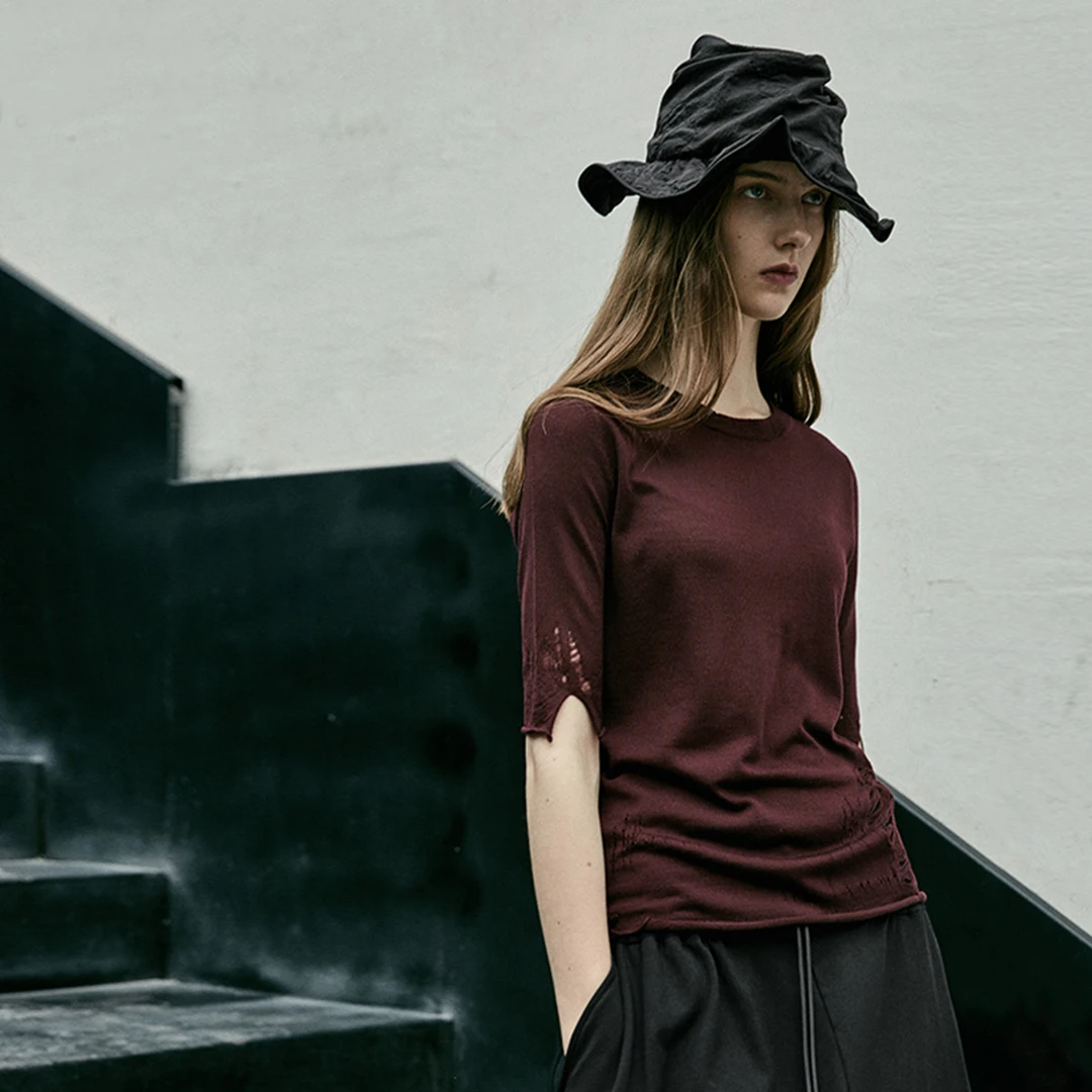 日着中袖纯色修身型针织夏通勤休闲圆领宽松型T恤女士Z25X0801T