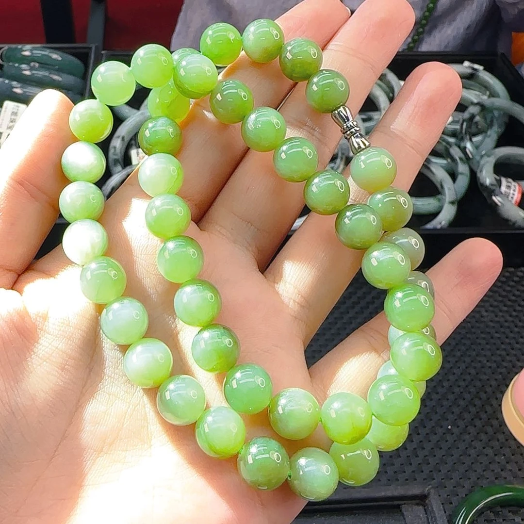 颈饰未镶嵌和田玉粉青猫眼妈妈链卡10