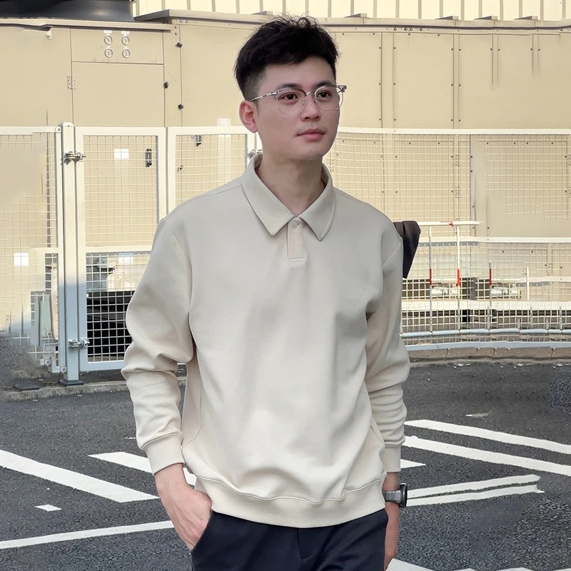 重磅焦糖色单扣翻领Polo衫长袖卫衣男潮牌宽松休闲复古翻领打底衫