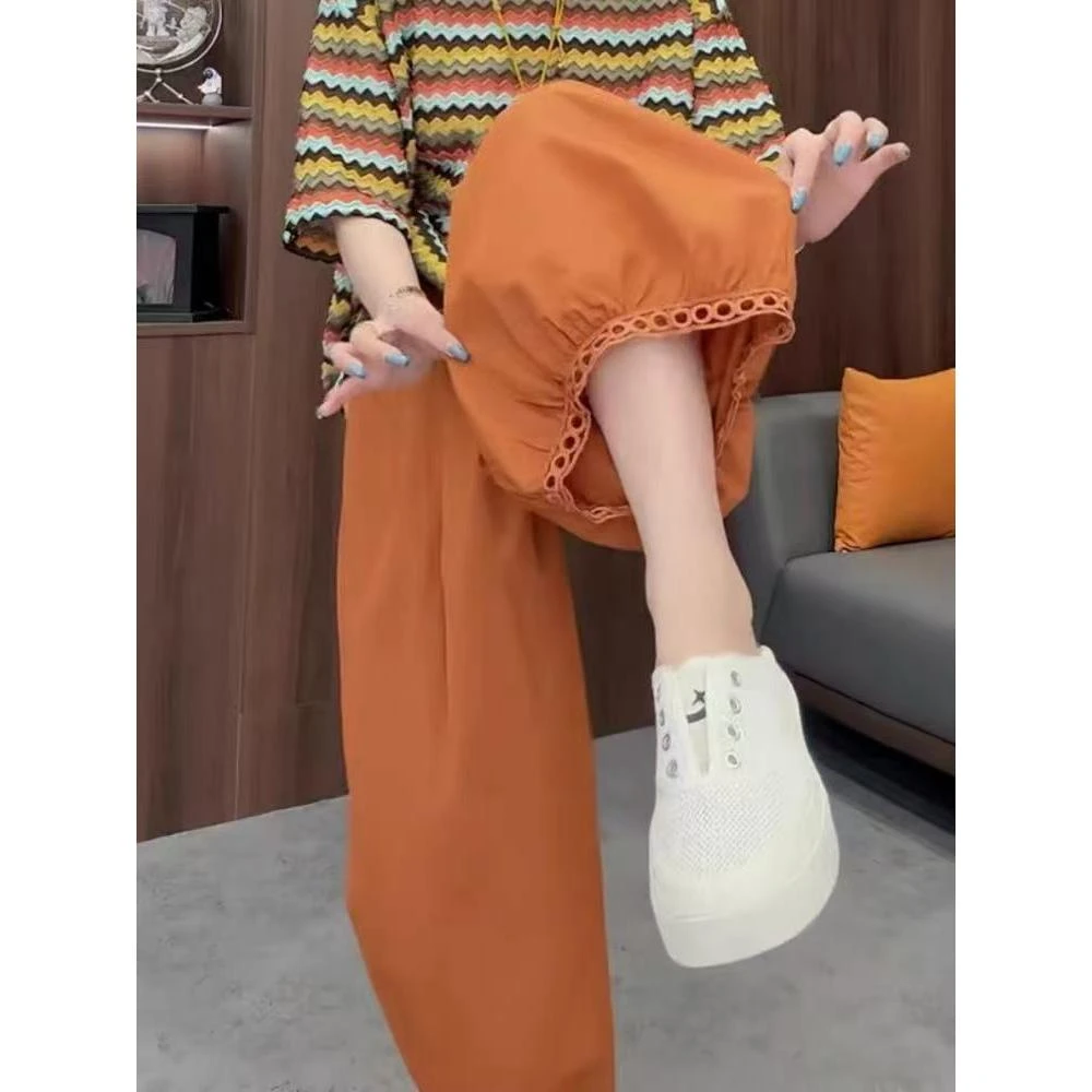 南瓜色镂空花边灯笼裤女夏季冰丝凉凉阔腿气球裤小个子九分花苞裤