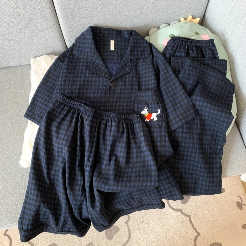 情侣睡衣卡通简约格子腊肠狗短袖三件套夏季韩版家居服可外穿套装