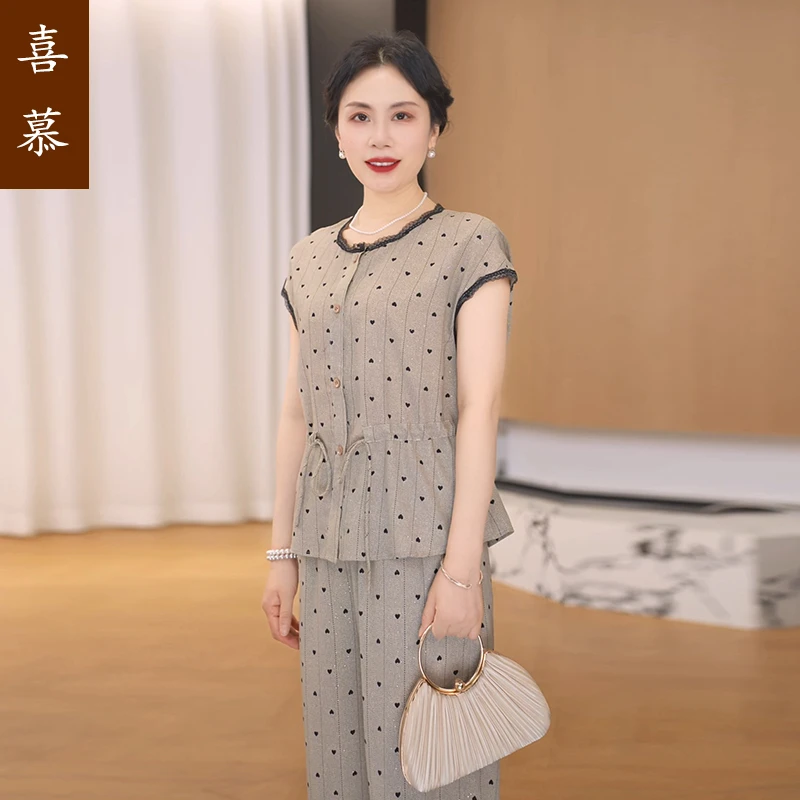 中老年女装短袖套装2025新款条纹套装中年妈妈夏季休闲套装九分裤
