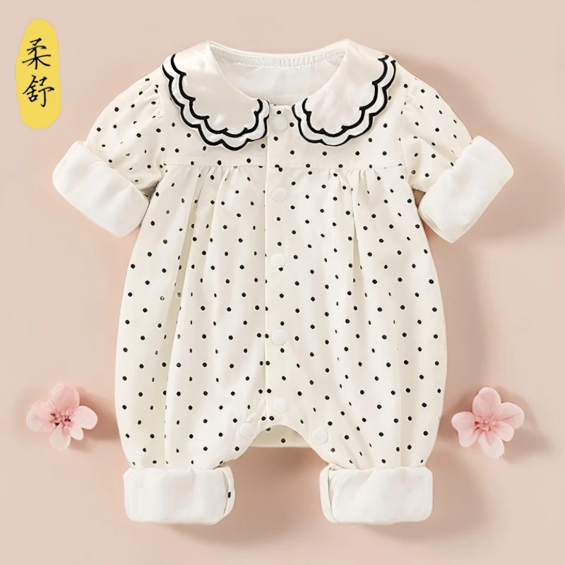 2025新款双层秋款哈衣女宝宝连体衣外出服波点婴儿儿童爬服学院
