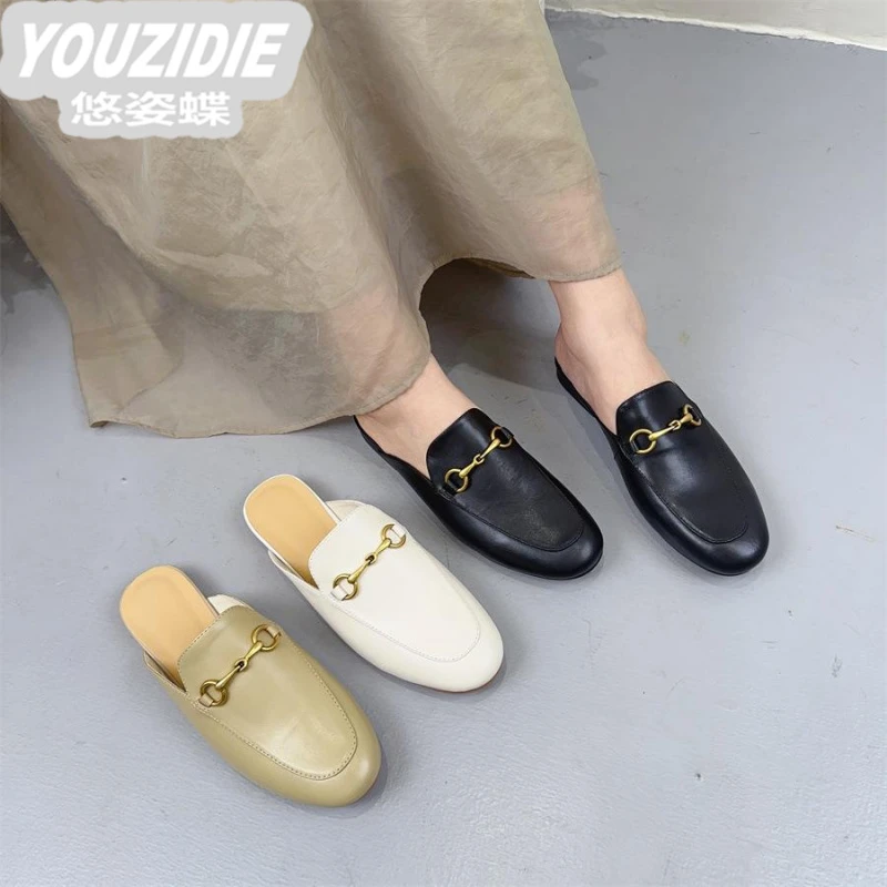 YOUZIDIE复古轻奢马衔扣包头半拖鞋春夏外穿穆勒鞋平底鞋轻奢网红