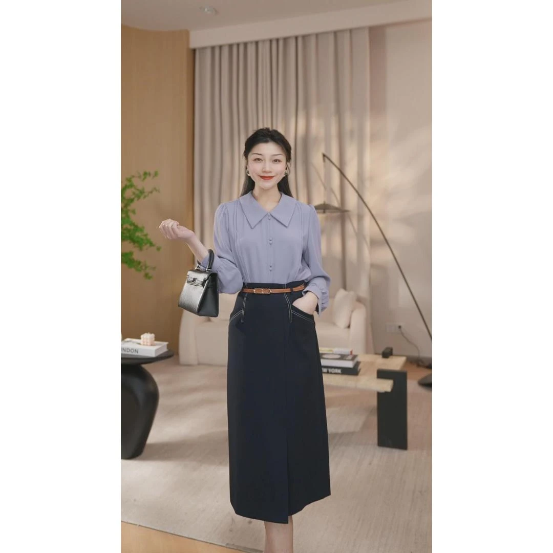 【曼贝】烟雾紫衬衫女高级垂感通勤长袖衬衣气质上衣8491094【小雪】