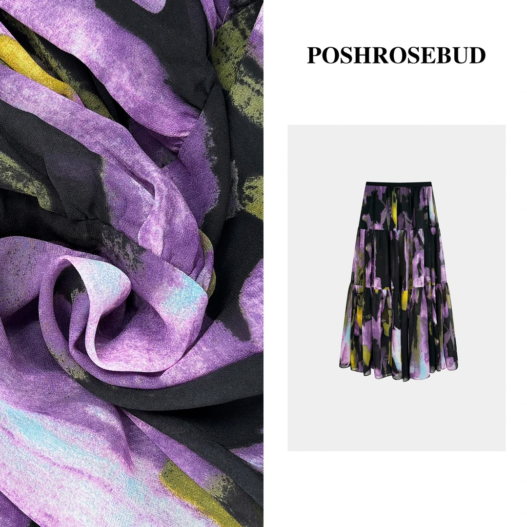 POSHROSEBUD【凝夜紫】撞色印花高腰气质显瘦女装半身裙-T0131
