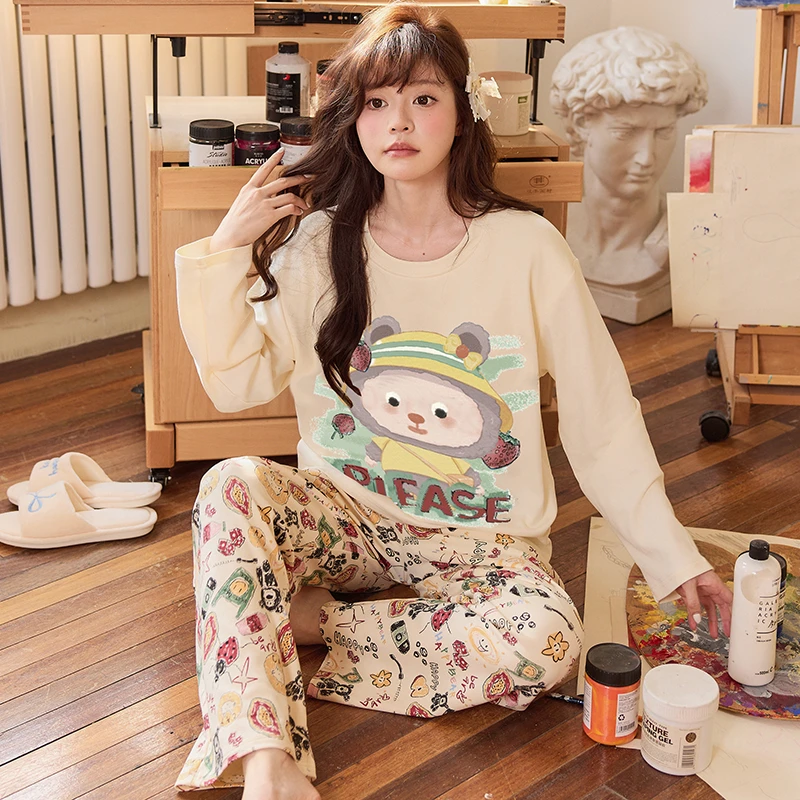 【带胸垫】花丛丽影秋季纯棉家居服女宽松休闲舒适卡通可爱风睡衣