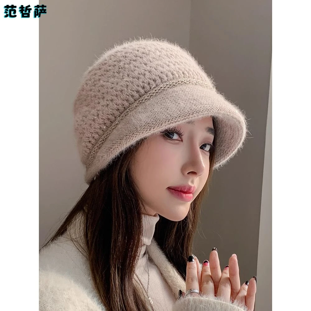 法式气质短檐贝雷帽子女秋冬季双层毛线帽保暖护耳百搭青年包头帽