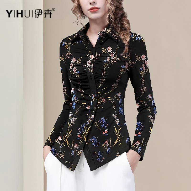 YIHUI伊卉春装弹力印花衬衫上衣女收腰显胸大洋气别致SA255526
