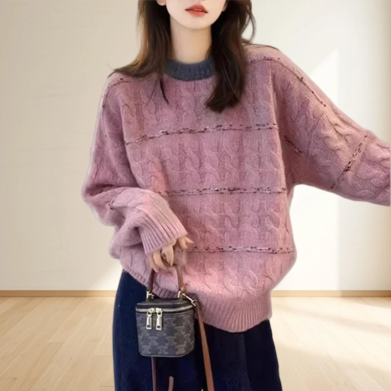 软糯慵懒风休闲甜美毛衣女胖妹妹大码长袖别致显瘦宽松打底针织衫