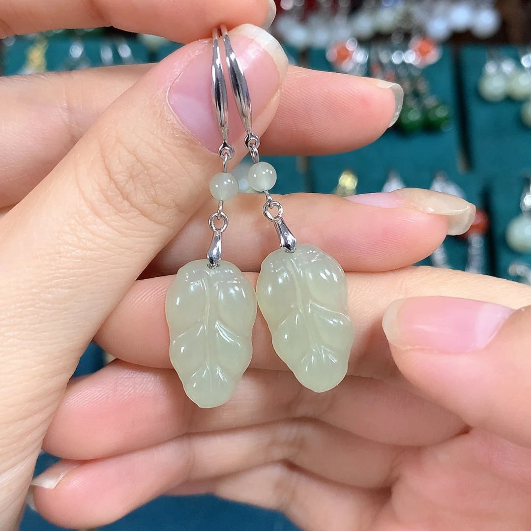 和田玉银S925镶嵌耳饰金枝玉叶19.5*12左右