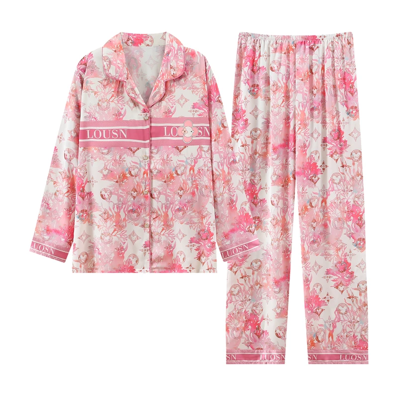 Q【繁花】秋季冰丝长袖长裤带胸垫睡衣女薄款时尚家居服套装