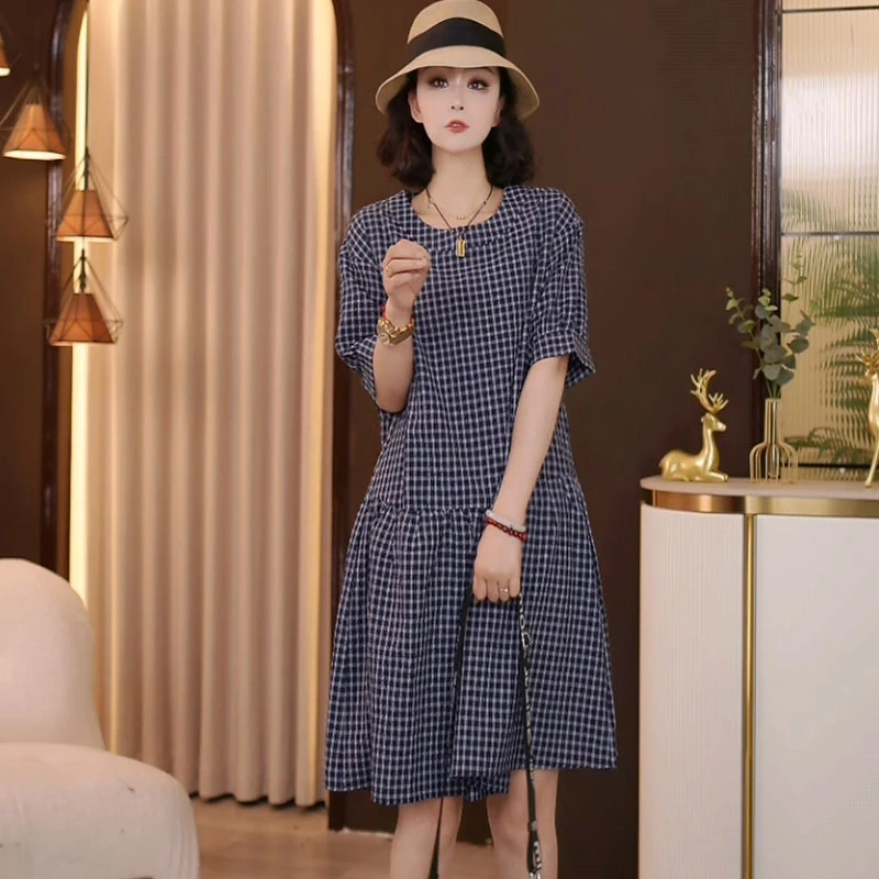 8971-879夏季连衣裙女2025宽松休闲时尚圆领格子裙子女
