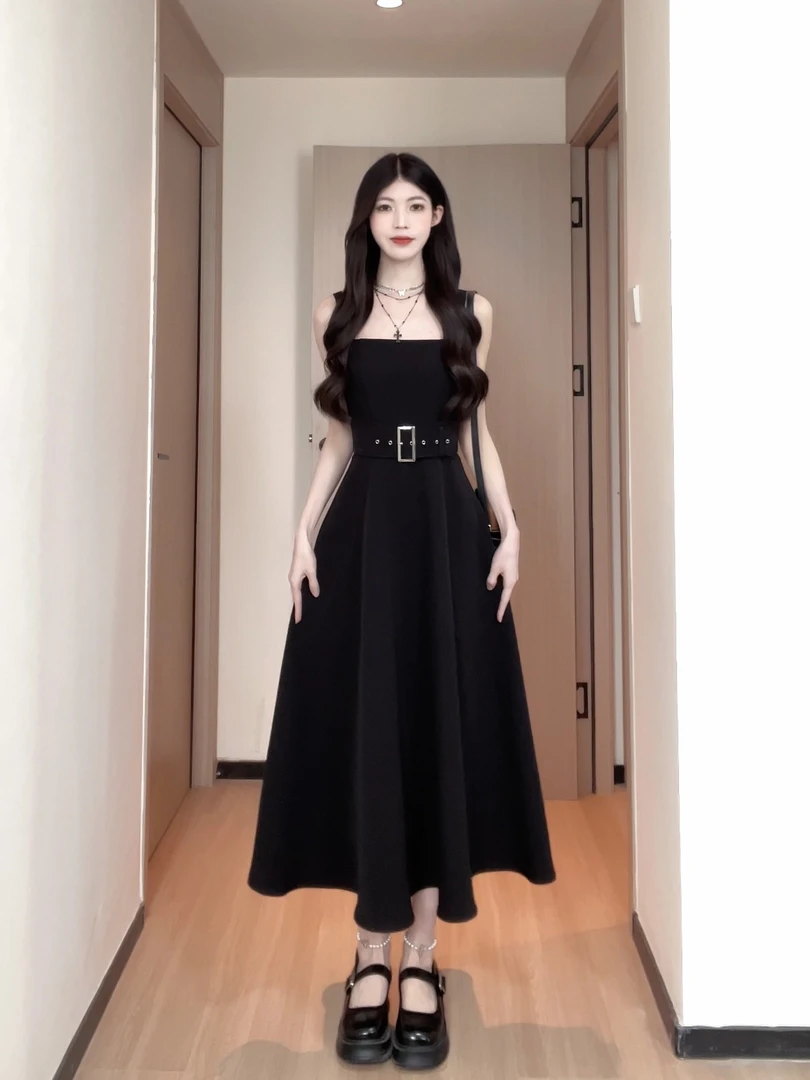 松本丧丧显瘦黑色腰带长裙连衣裙无袖春季纯色连衣裙B251Q0462