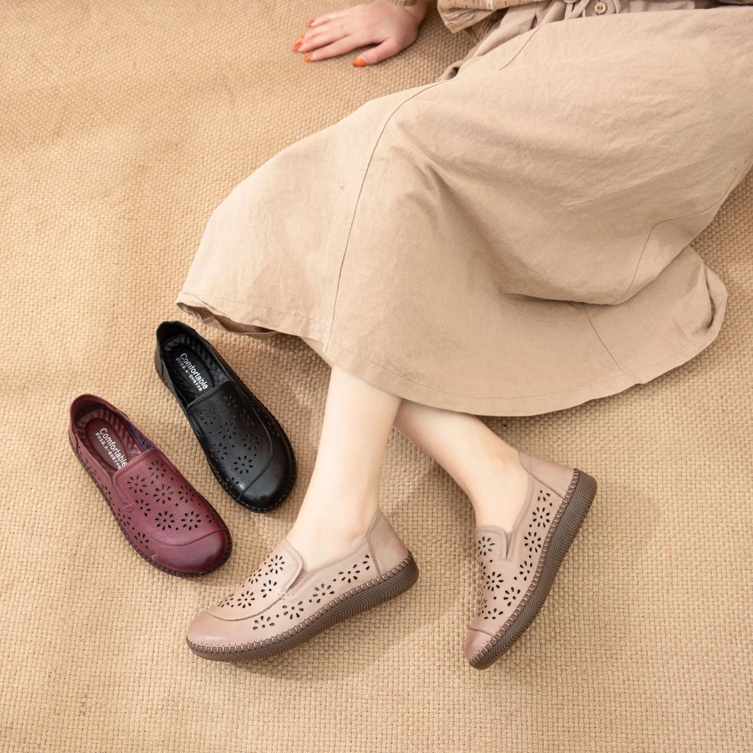 2386D夏季镂空洞洞鞋牛筋底软底真皮透气轻便防滑妈妈鞋中老年