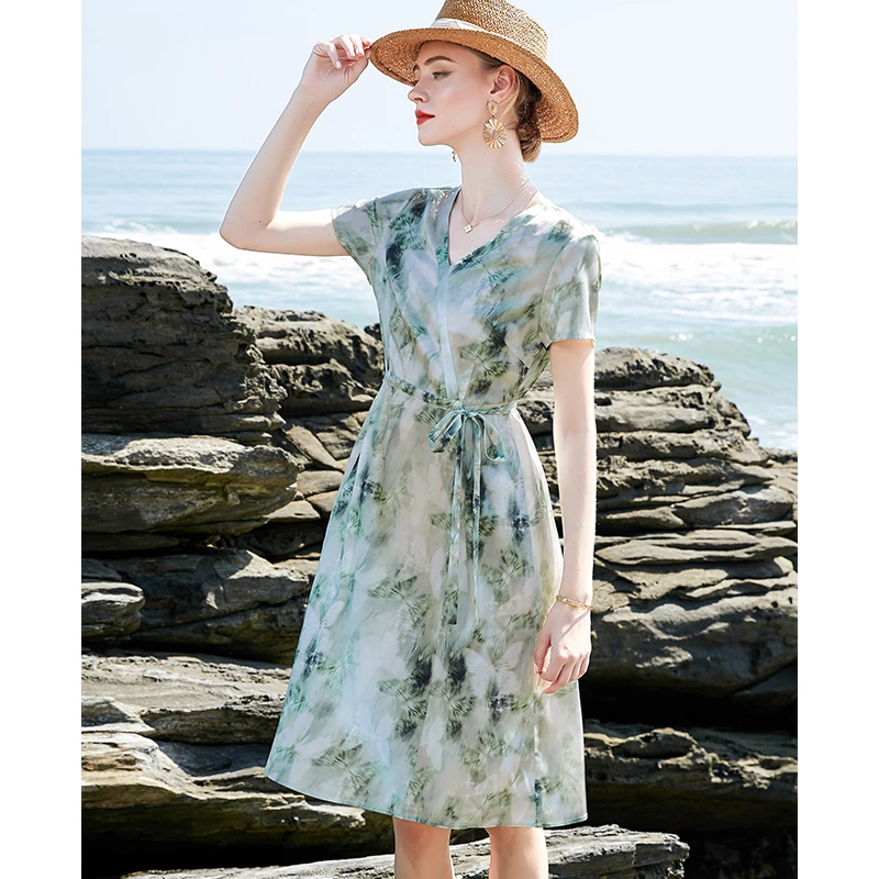 高级感水墨印花真丝连衣裙女2025新款气质短袖优雅显瘦桑蚕丝裙子