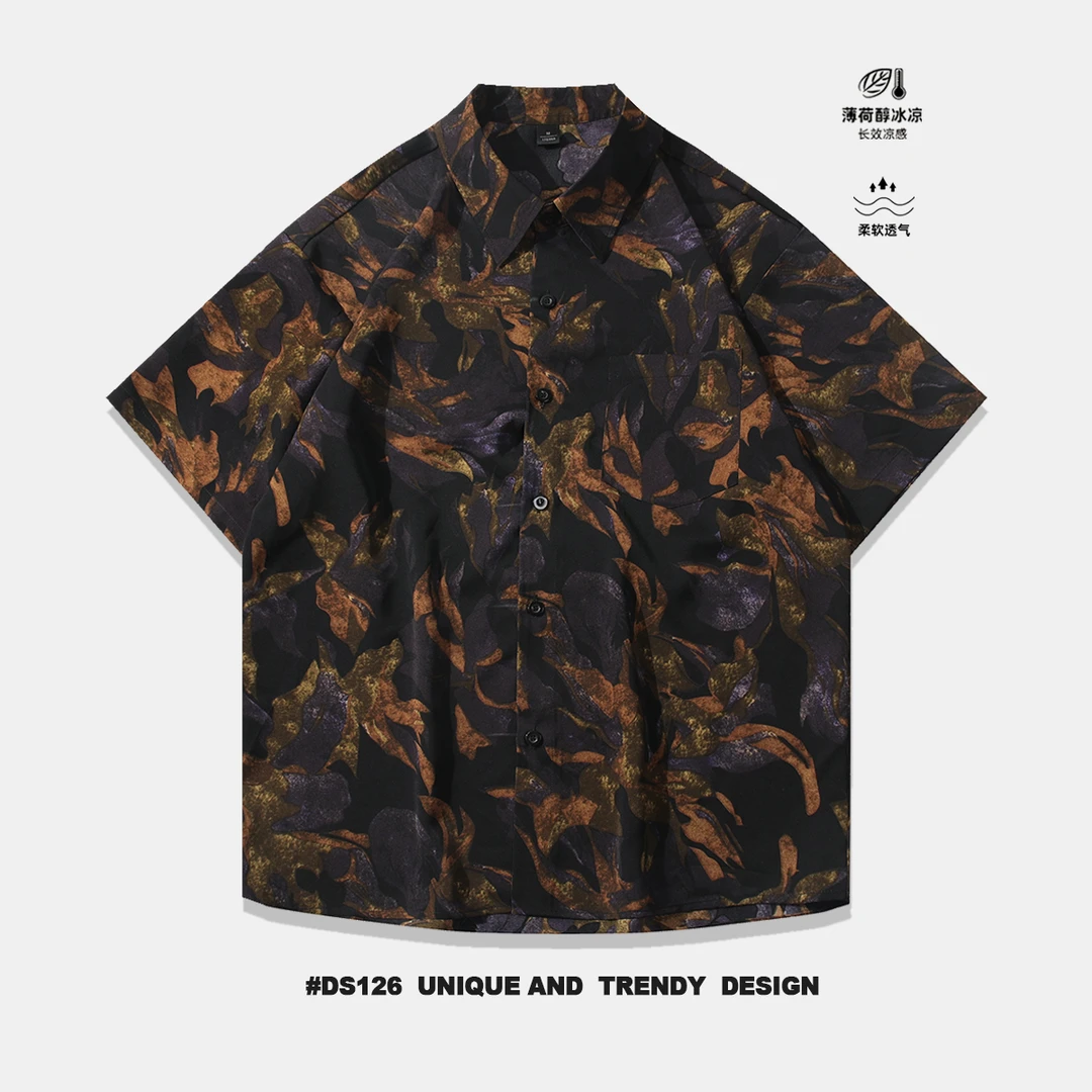 冰丝短袖复古薄款男士翻领衬衫港风上衣夏季休闲凉感透气水墨衬衣