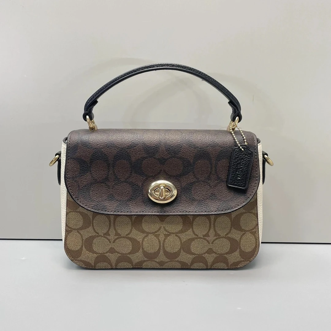 95新 COACH/蔻驰 marlie24黑拼老花深浅邮差包 24*18*7cmE011414