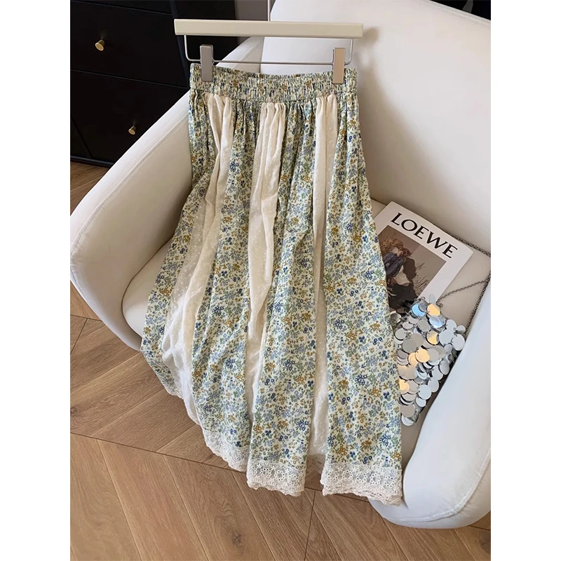 夏季森系绿色碎花拼接高腰设计感半身裙女士气质小个子中长款裙子