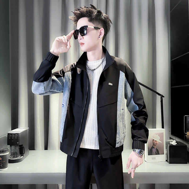 潮牌牛仔拼接撞色立领夹克男2025新款高级感百搭休闲牛仔外套男士