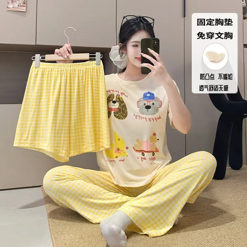 带胸垫睡衣女夏季短袖长裤莫代尔可爱卡通小狗网红三件套装家居服