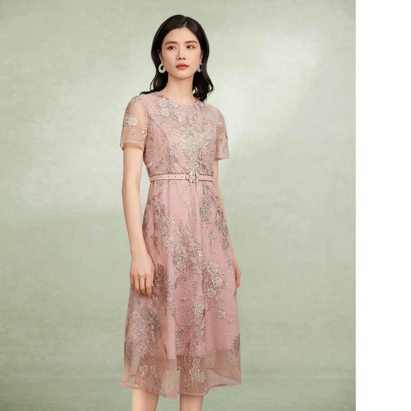 【晨粉专享价】粉蓝衣橱新款东方感刺绣A字长裙浮蕾丝连衣裙5