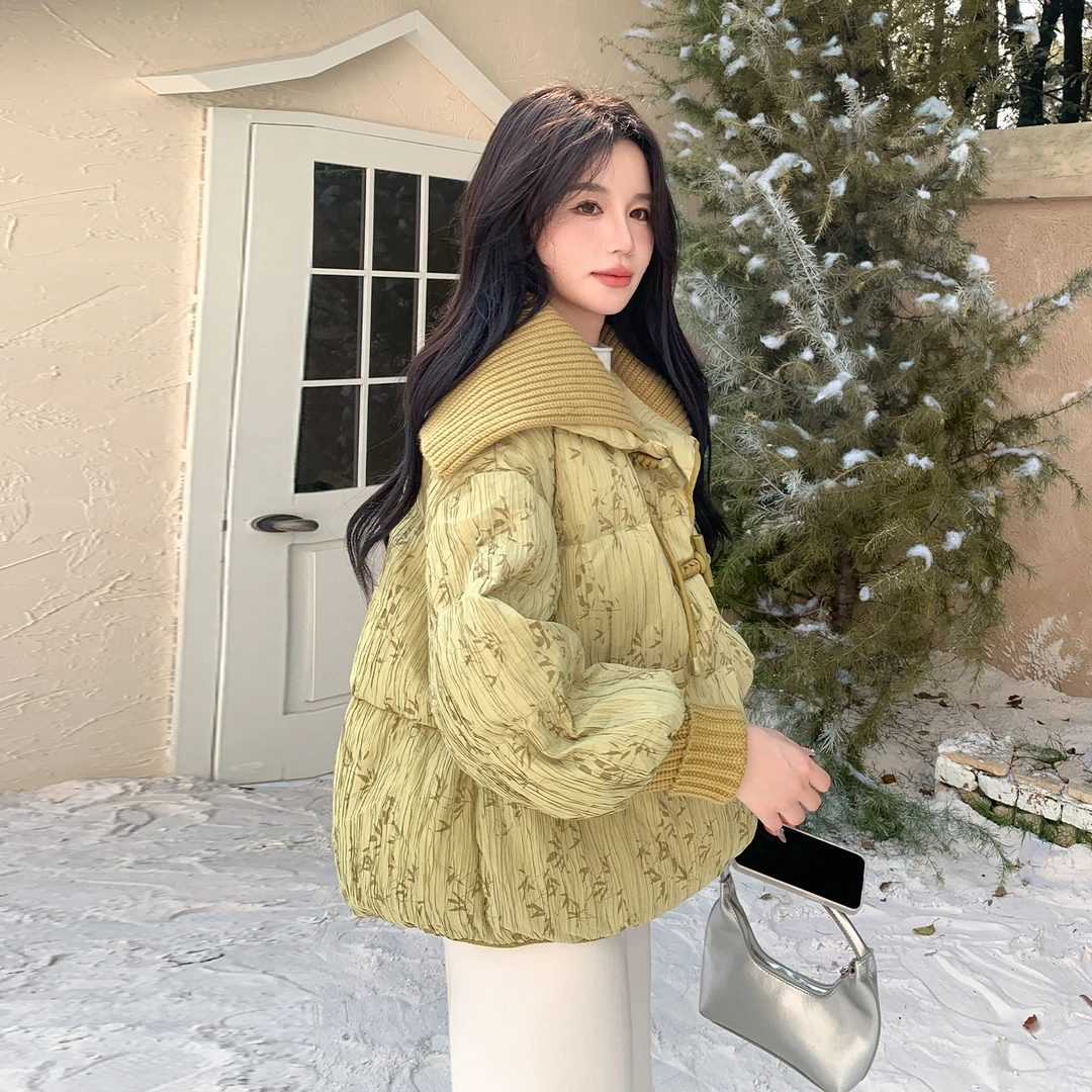 超好看中式国风绿色羽绒服女2025冬季新款针织大翻领90白鸭绒外套