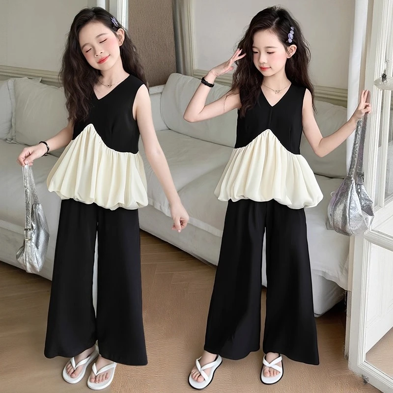 女童巨好看夏装套装儿童2025超火韩系法式无袖娃娃衫夏日女童秋装