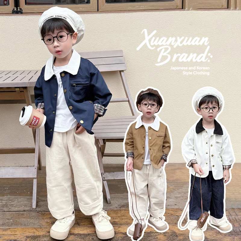 儿童外套2025秋男童日系翻领夹克衫宝宝小童休闲上衣大童洋气风衣