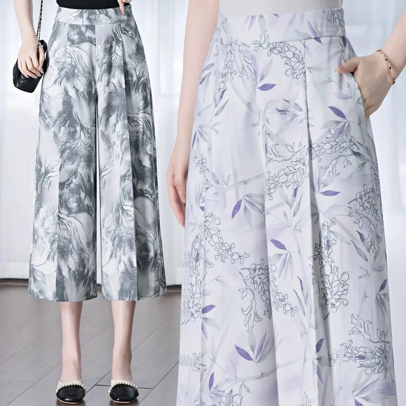 垂感阔腿裙裤女夏薄款中年女裤国风山水墨画显瘦宽松棉麻九分裤子