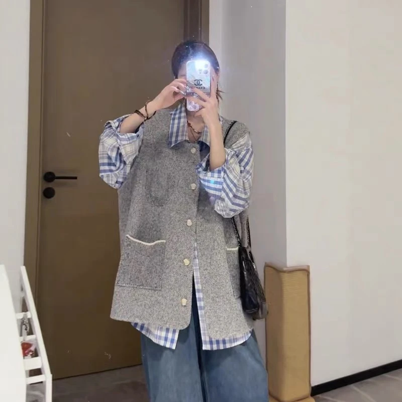 慵懒风阔型设计感格纹衬衫慵懒宽松开衫格子长袖时尚休闲马甲套装