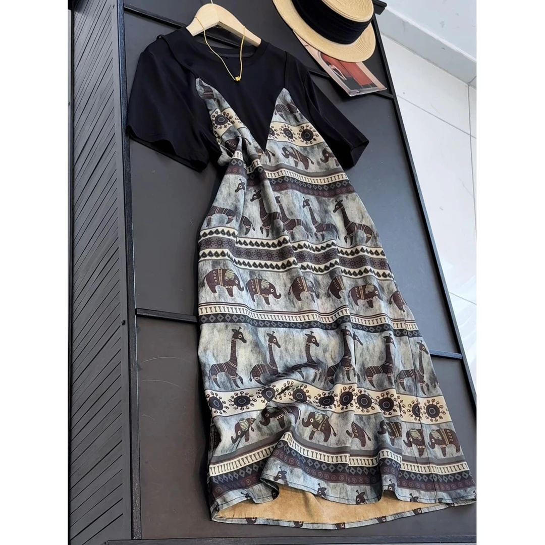 天丝棉假两件短袖复古动物连衣裙宽松拼接短袖连衣裙