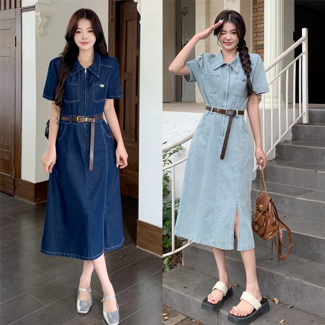 【小曹大码】短袖牛仔连衣裙夏季新款遮肉显瘦开叉中长裙子-AMN9202