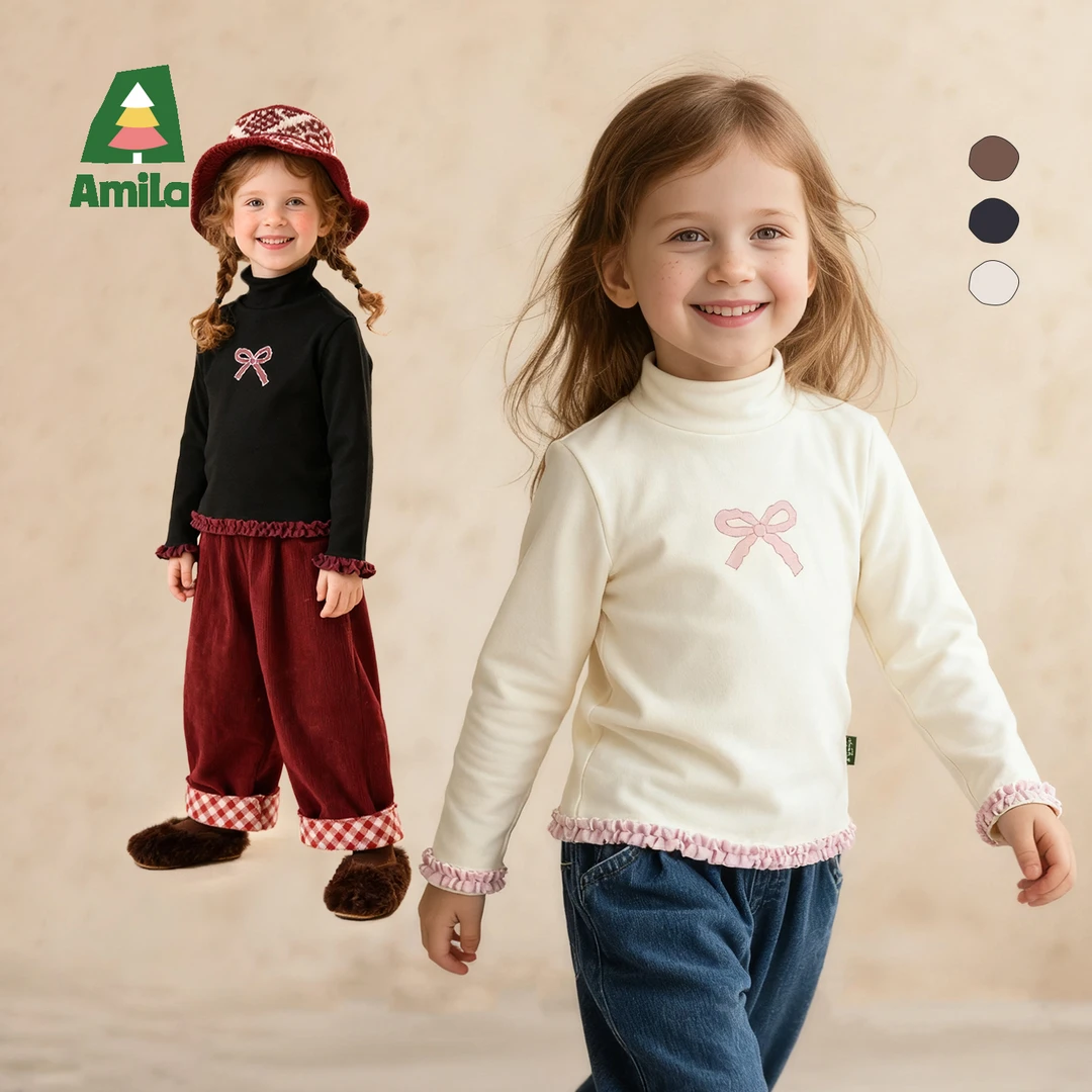 Amila啊咪啦2025冬季新款半高领蕾丝花边女童T恤XD5TX505