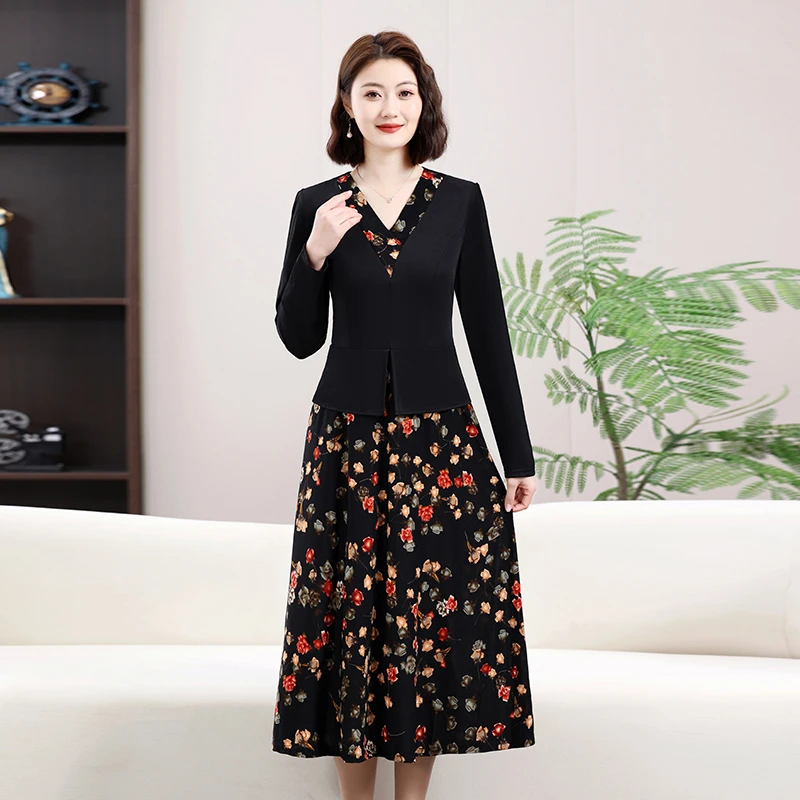 雨巷严选8083-1327#新款长袖假两件丝光弹力缎面显高显瘦款连衣裙