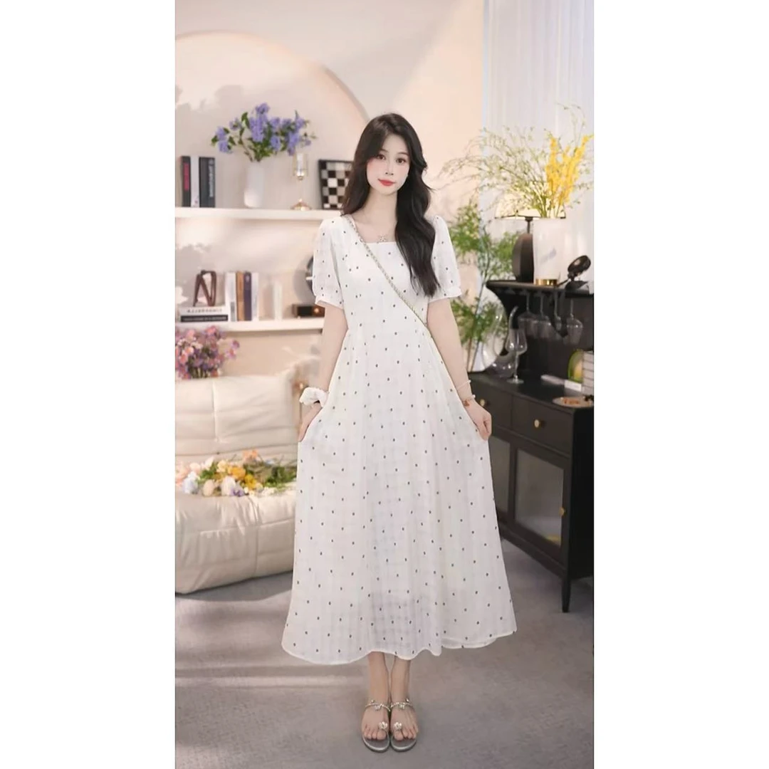 【有口袋】方领绿色波点小花连衣裙夏季新款收腰显瘦气质长裙女1516