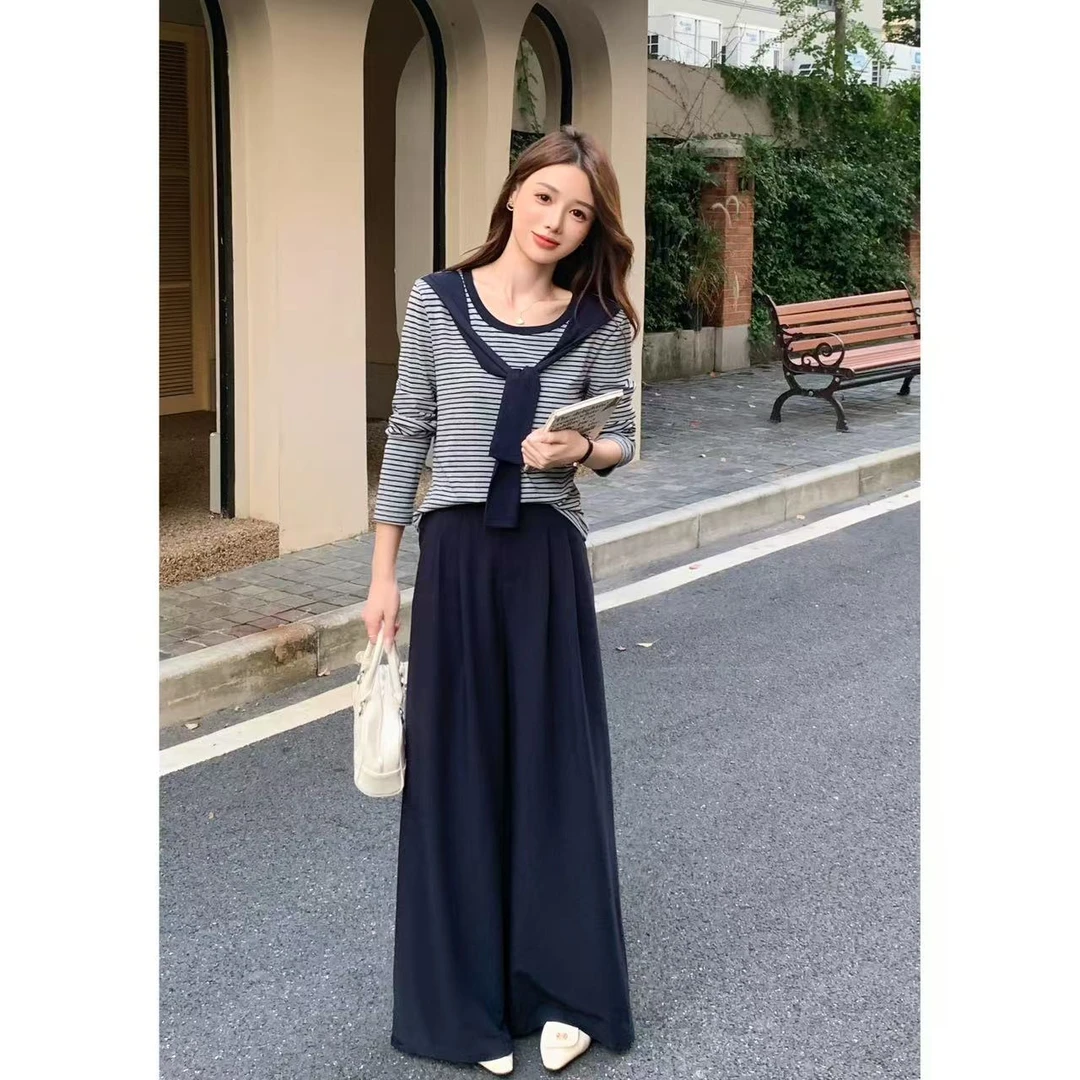 66730【衣长50裤长98】时尚套装秋长袖条纹T恤披肩阔腿裤休闲二件套