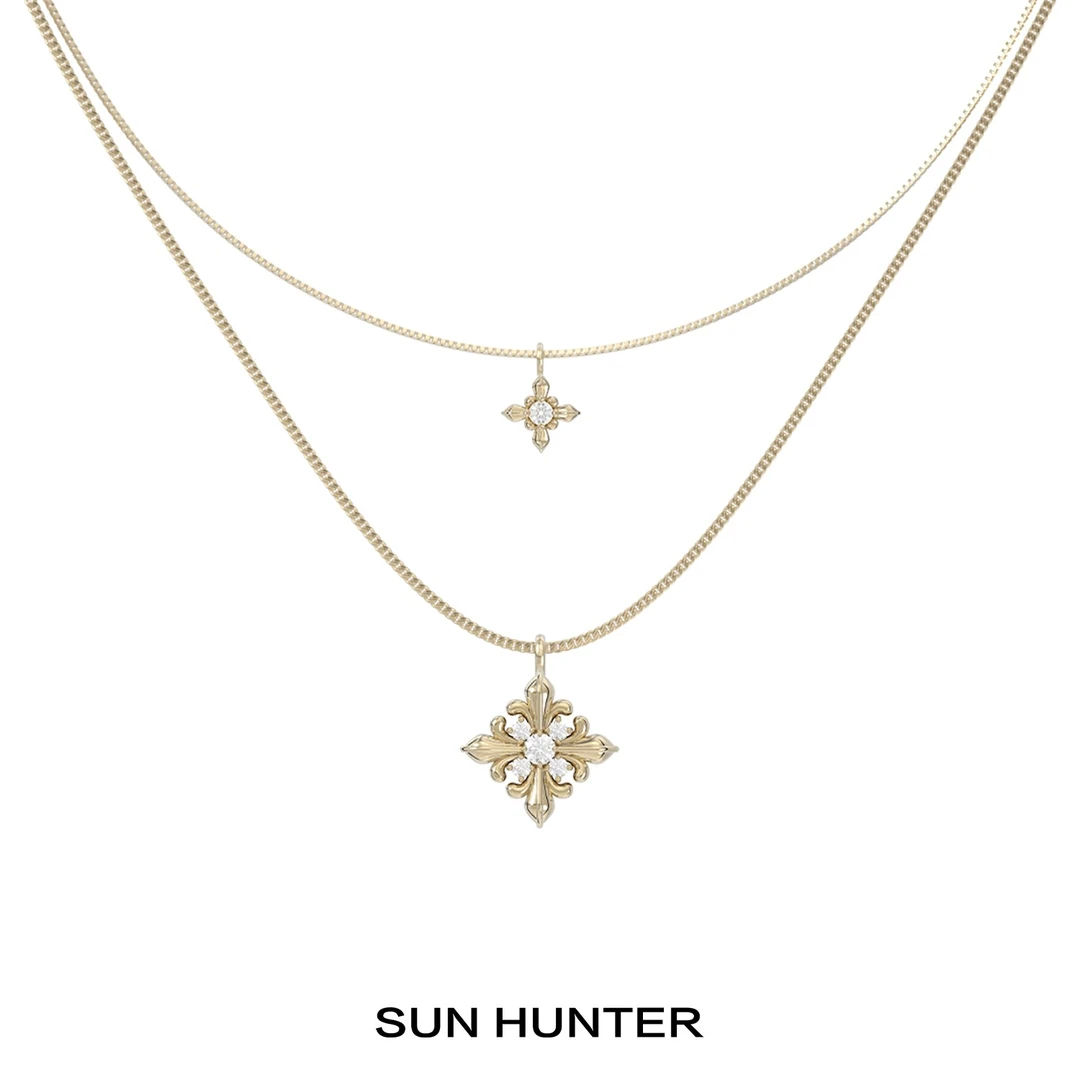 铜合金项链 三横SUN HUNTER原创大小鸢尾花双层项链精轻奢锁骨链