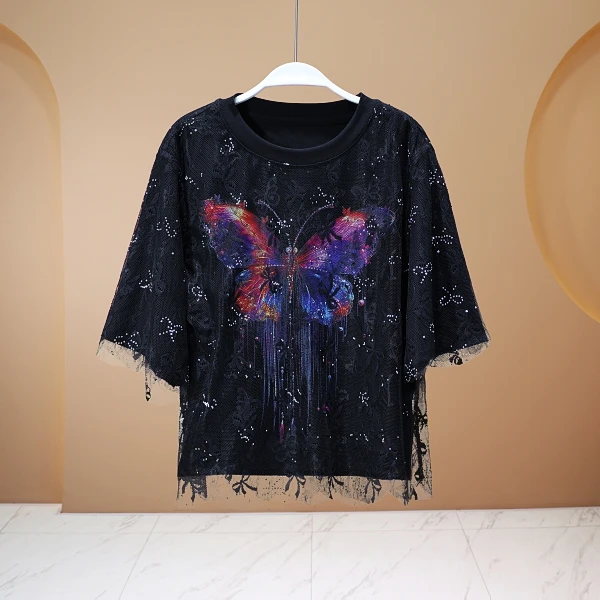 【程二女装】夏季莱塞尔冰丝蝴蝶印花蕾丝拼接时尚短款T恤衫8035