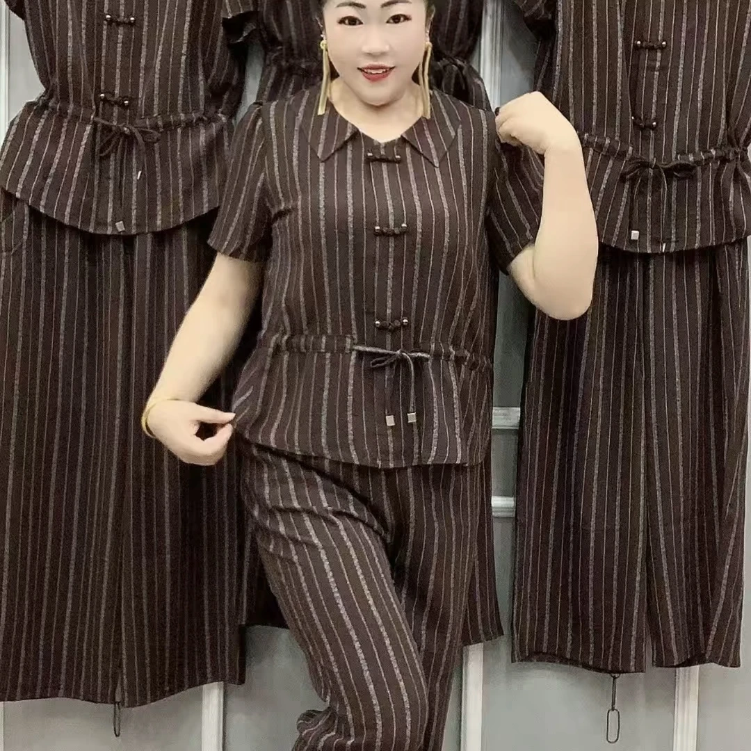 2025夏季新款潮流气质高雅条线显瘦两件套时尚洋气抽绳妈妈套装