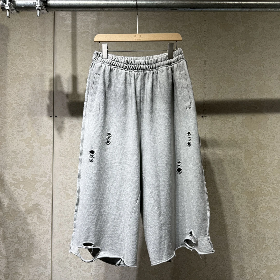 男女同款破洞阔版7分裤休闲裤阔腿裤抽绳灰色设计师七分裤通用