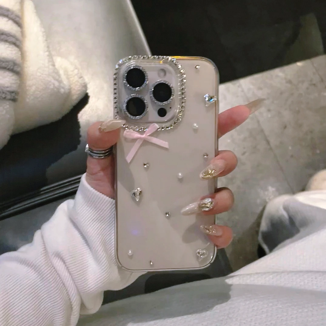 粉蝴蝶结Y心点钻适用于苹果iPhone16promax手机壳15名媛风14高级