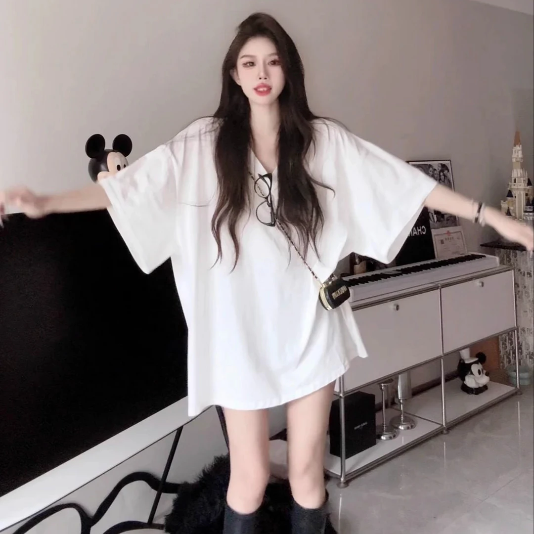高街百搭慵懒风V领白色ins短袖T恤女夏季宽松中长款遮臀显瘦上衣