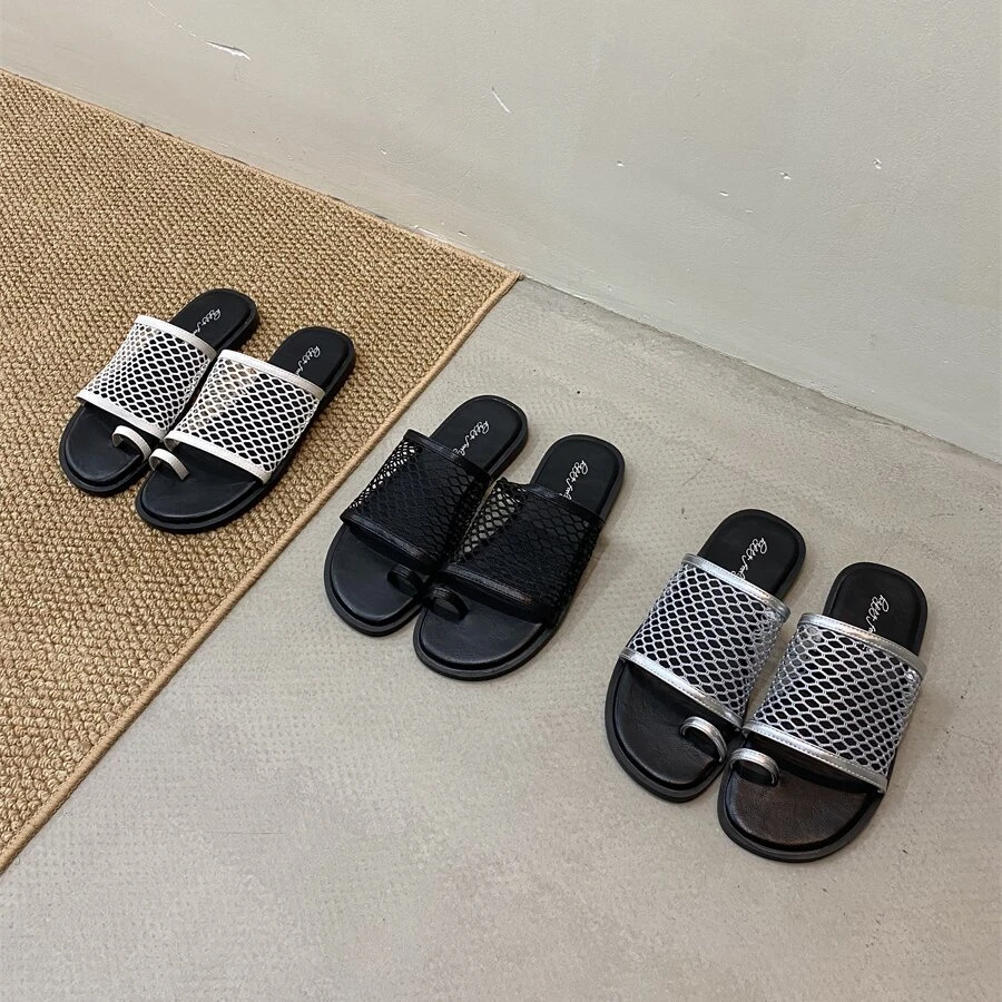 透气网纱蕾丝一字带平底拖鞋女夏外穿休闲度假套趾沙滩凉拖鞋凉鞋