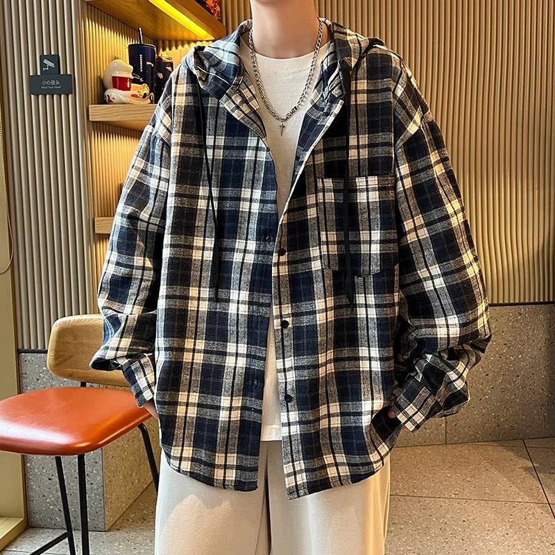 FAVMARTHA春夏季连帽长袖衬衫男初高中学生潮流帅气衬衣青少年大