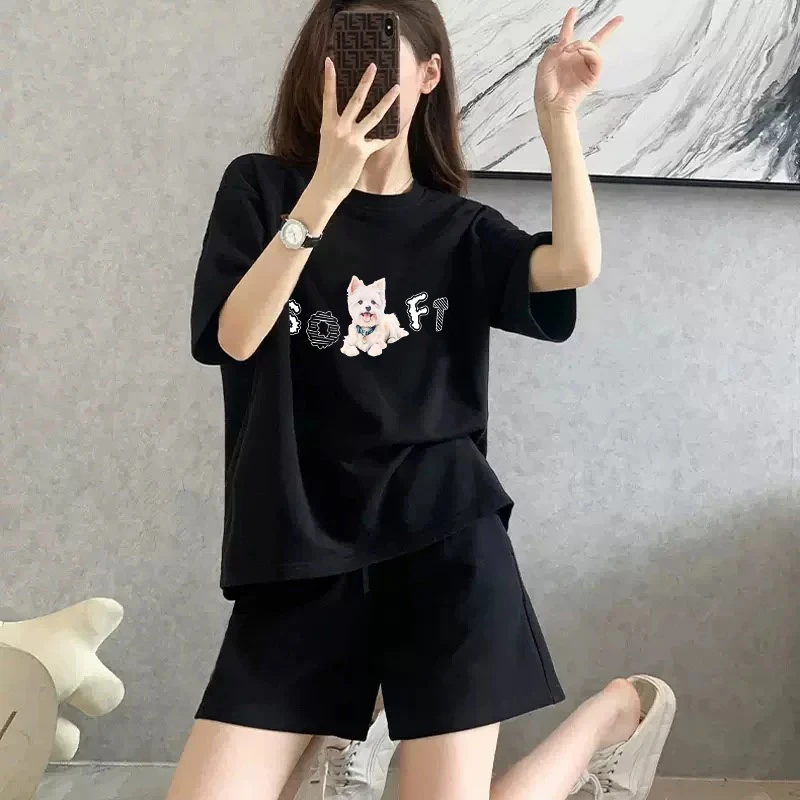 夏季新款黑色短裤女宽松休闲百搭洋气时尚减龄套装短袖潮牌两件套