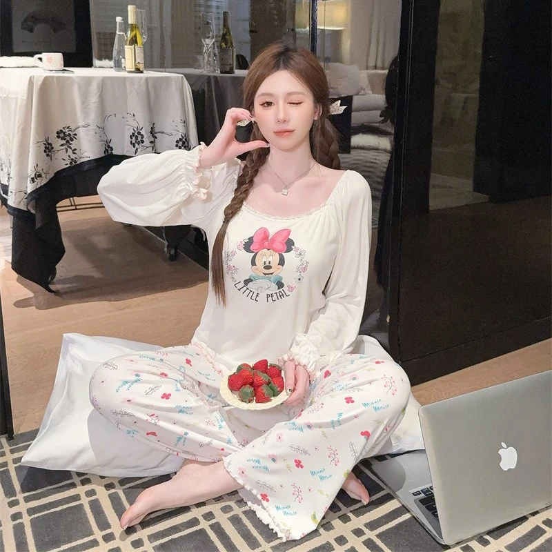 睡衣女螺纹莫代尔棉简约波点米妮碎花舒适长袖长裤套装胸棉家居服