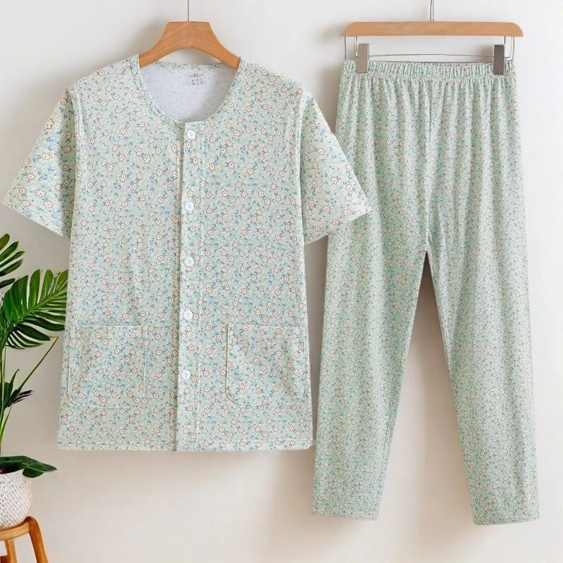 纯棉薄款妈妈开衫短袖中老年人睡衣睡裤女半袖宽松家居服薄空调衫