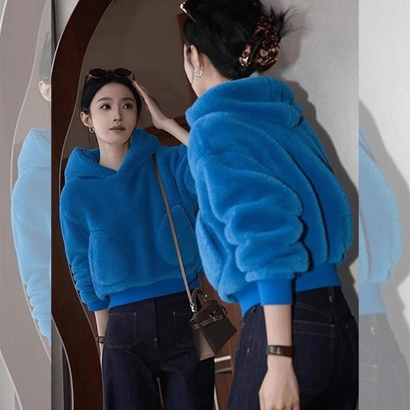 秋冬新款设计感毛绒连帽卫衣女气质减龄上衣时尚百搭洋气减龄小衫